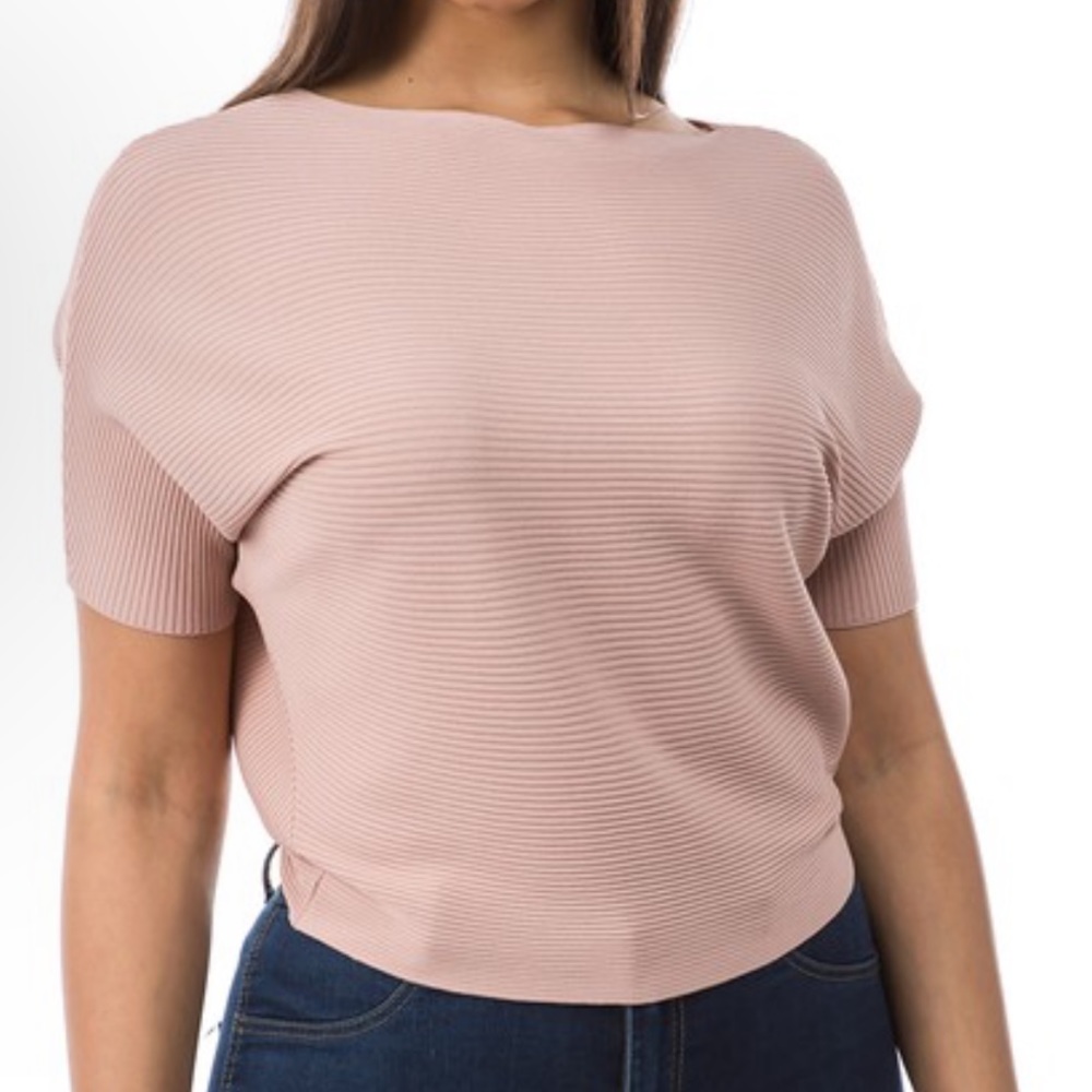 Ribbed Boatneck Short-Sleeve Top Soft Pink New NWT Size Xlarge